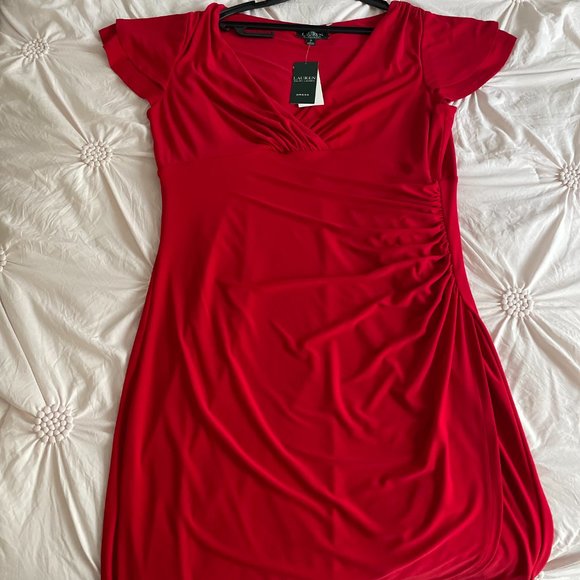 RALPH LAUREN- LAUREN Red Ruched Dress Size 16 - Picture 2 of 3